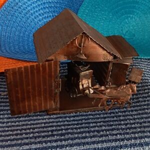 Vintage Wind-up Musical Copper Tin Barn with 2 Horses Pulling The Cart IT WORKS!